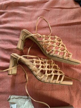 Anthropologie Beige Woven Lace-Up Block Heel Sandals